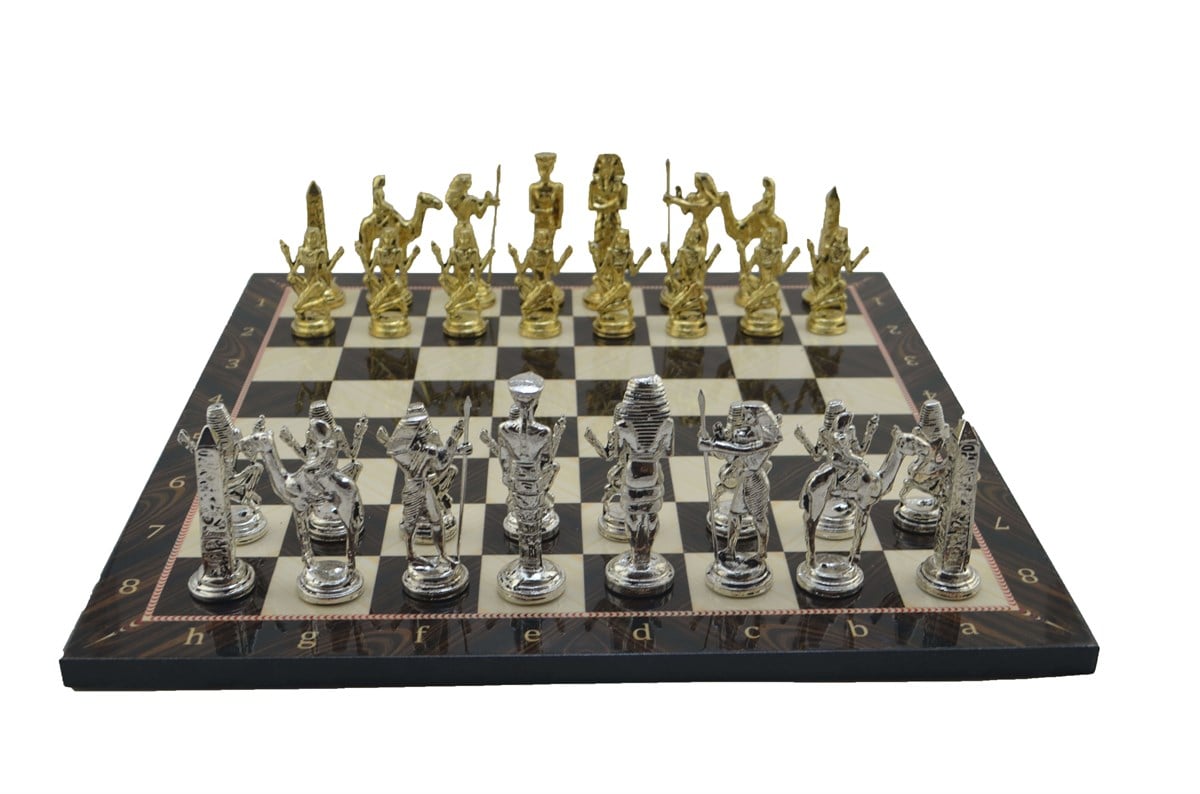 Metal Mısır Satranç Takımı Parlak ve Ceviz Desenli MDF Ahşap Satranç Tahtası (37x37 cm.)