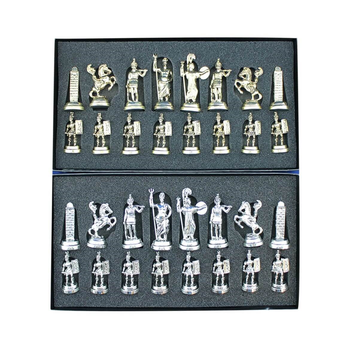 Orta Boy Metal Yunan Satranç Takımı Parlak ve Ceviz Desenli MDF Ahşap Satranç Tahtası (37x37 cm.)