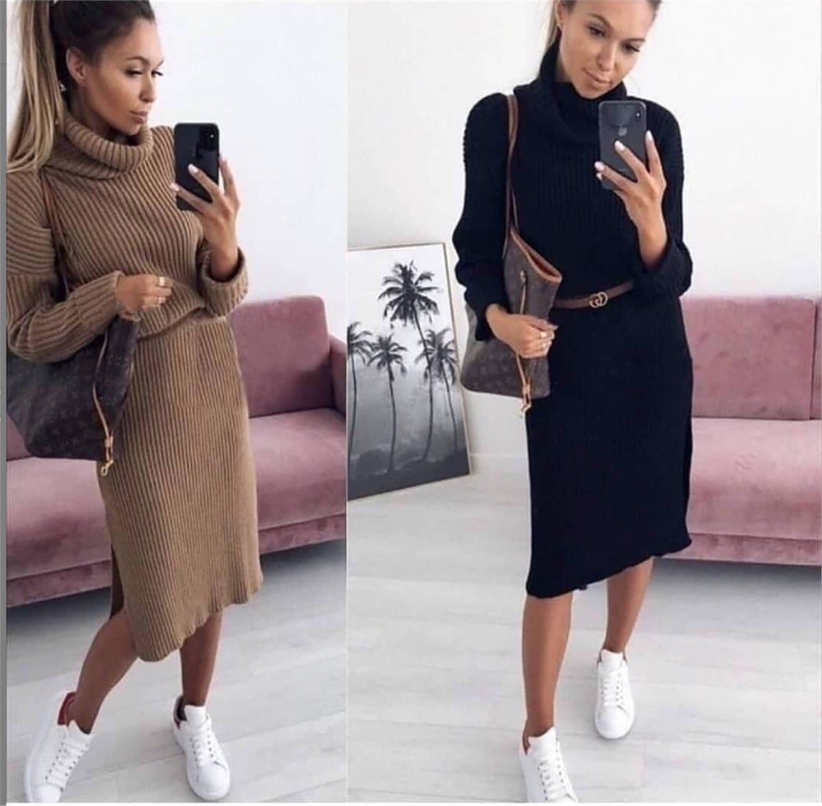 ELBİSE MODELLERİBoğazlı Yırtmaç Detay Triko Elbise Kahverengi