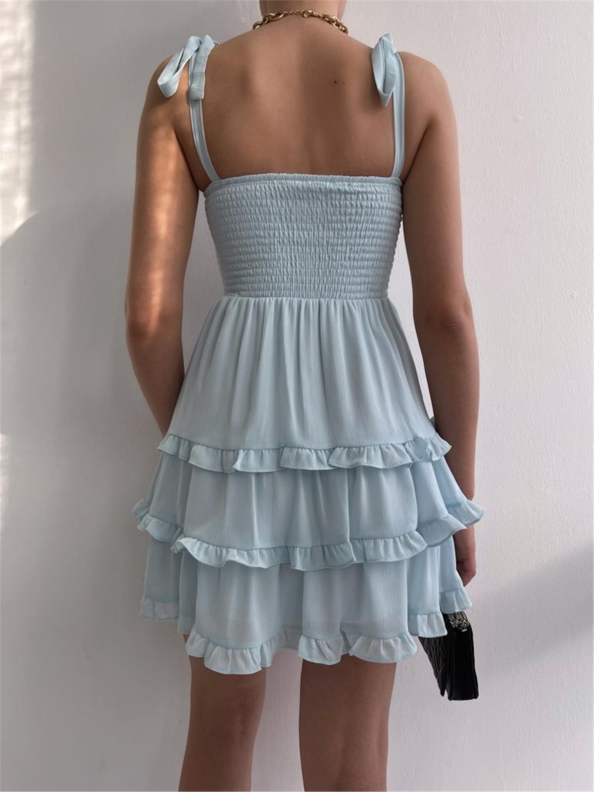 ELBİSE MODELLERİKatlı Eteklı Düğme Detaylı Drapeli Lucky Elbise - Bebe Mavisi
