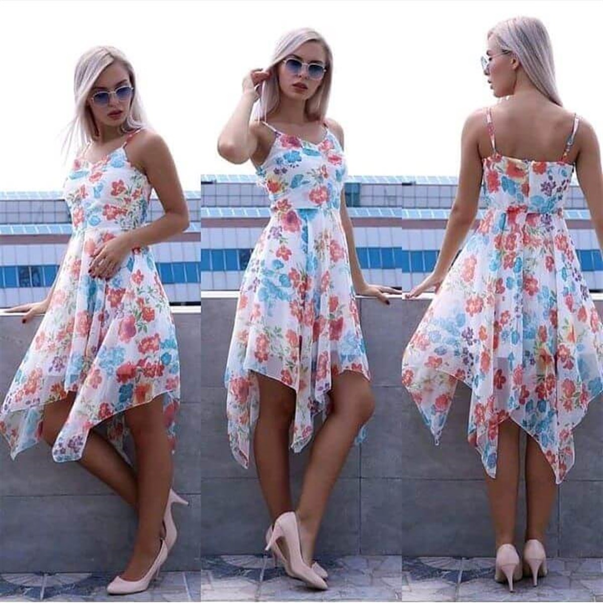 Parti ElbiseleriAskılı Asimetrik Kesim Şifon Elbise