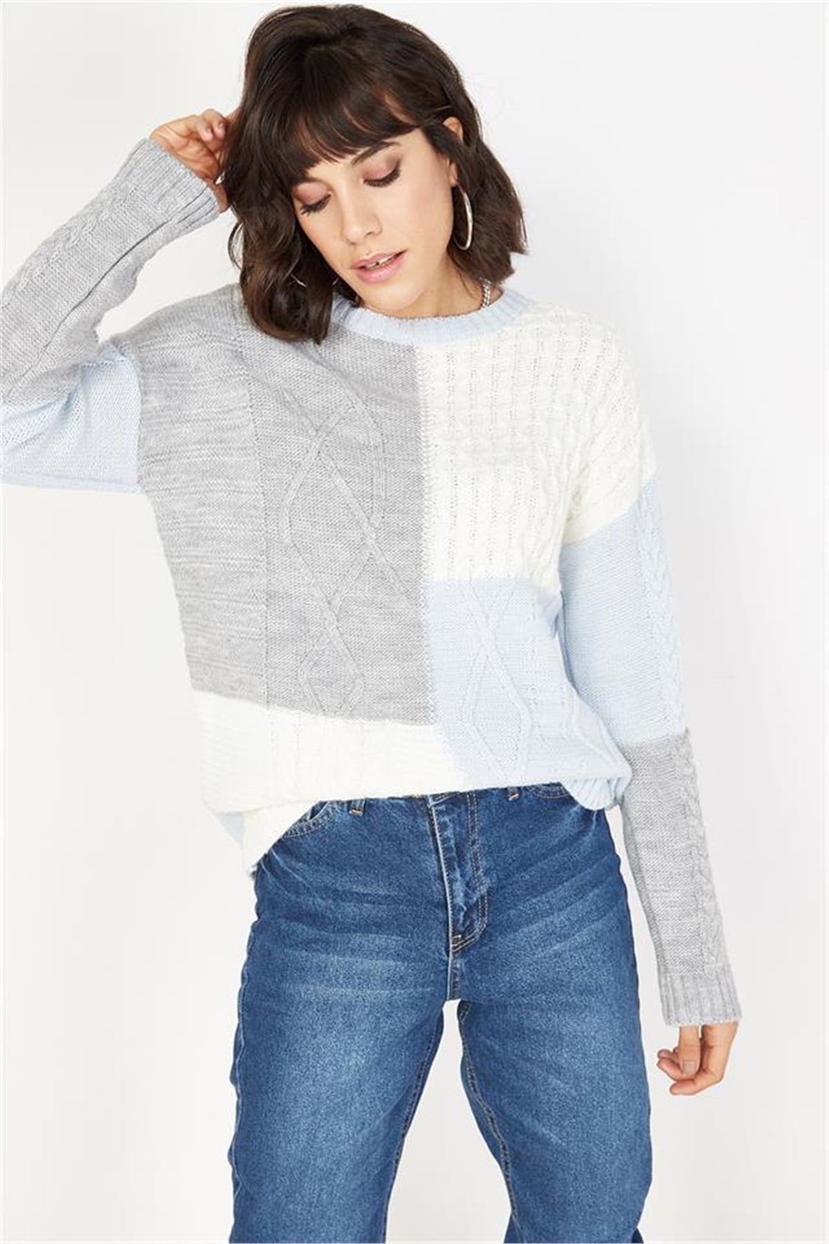 Triko KazakKadın Bebe Mavi Patchwork Desenli Triko Kazak