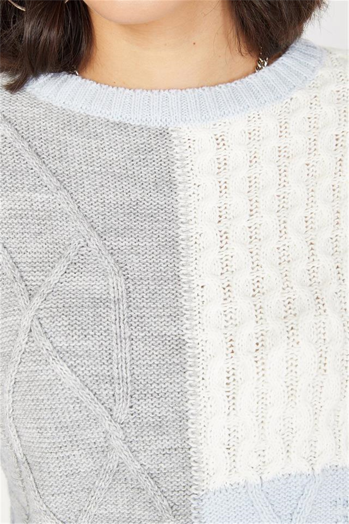 Triko KazakKadın Bebe Mavi Patchwork Desenli Triko Kazak