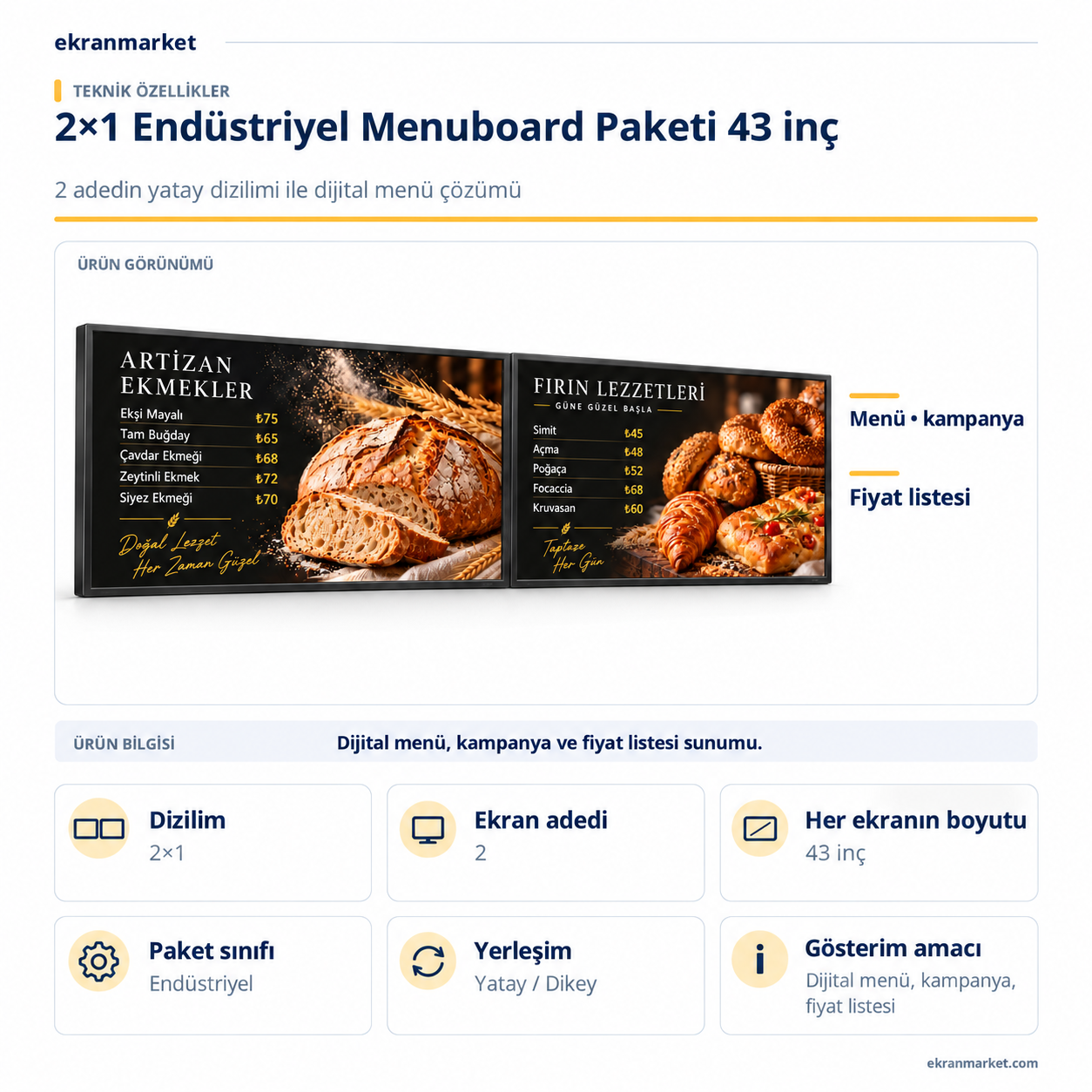 2×1 Endüstriyel Menuboard Paketi — 43 inç — teknik özellikler