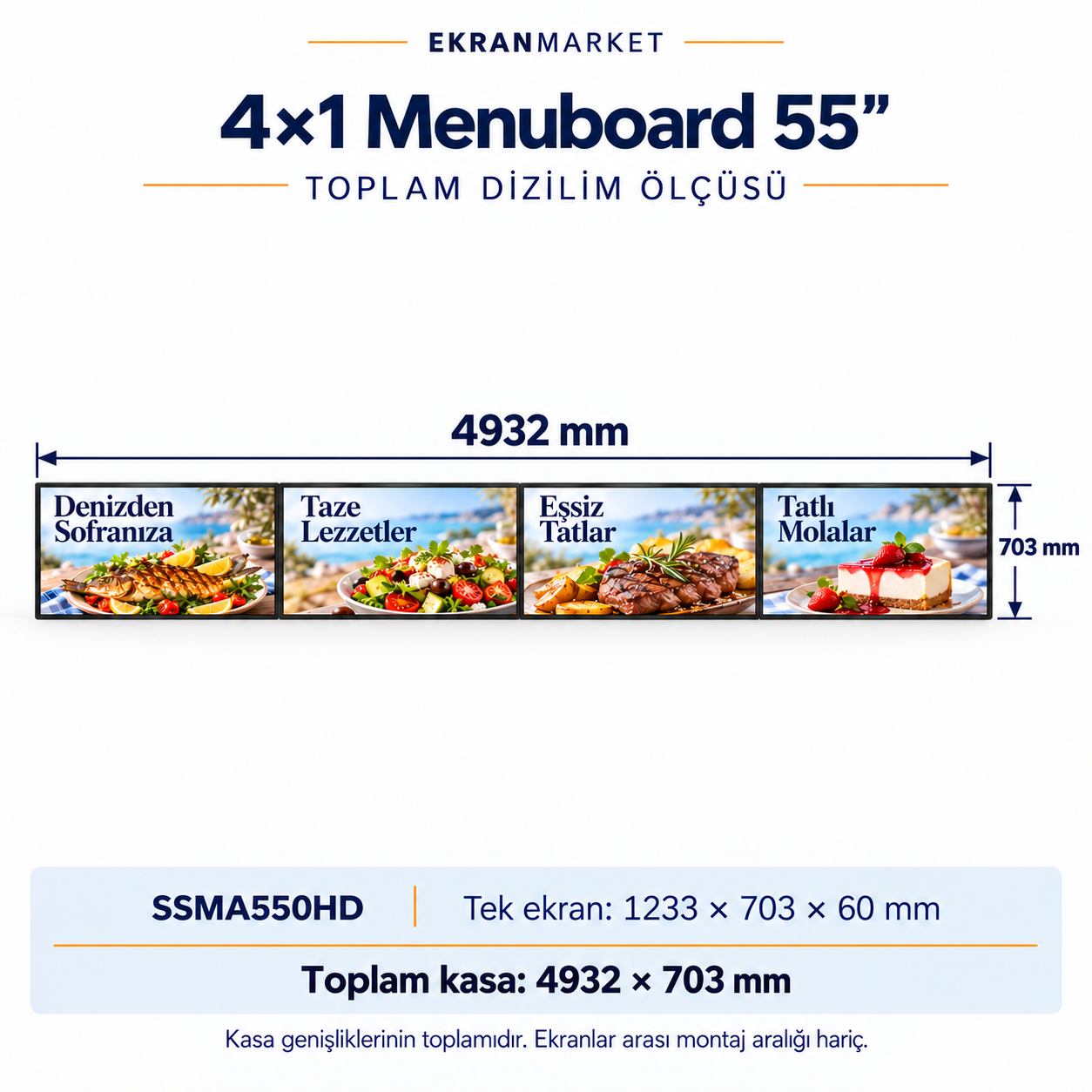 Endüstriyel Digital Signage Display (Menuboard) 4x1 — 55 inç — toplam dizilim ölçüsü, mm; ekranlar arası montaj aralığı hariç