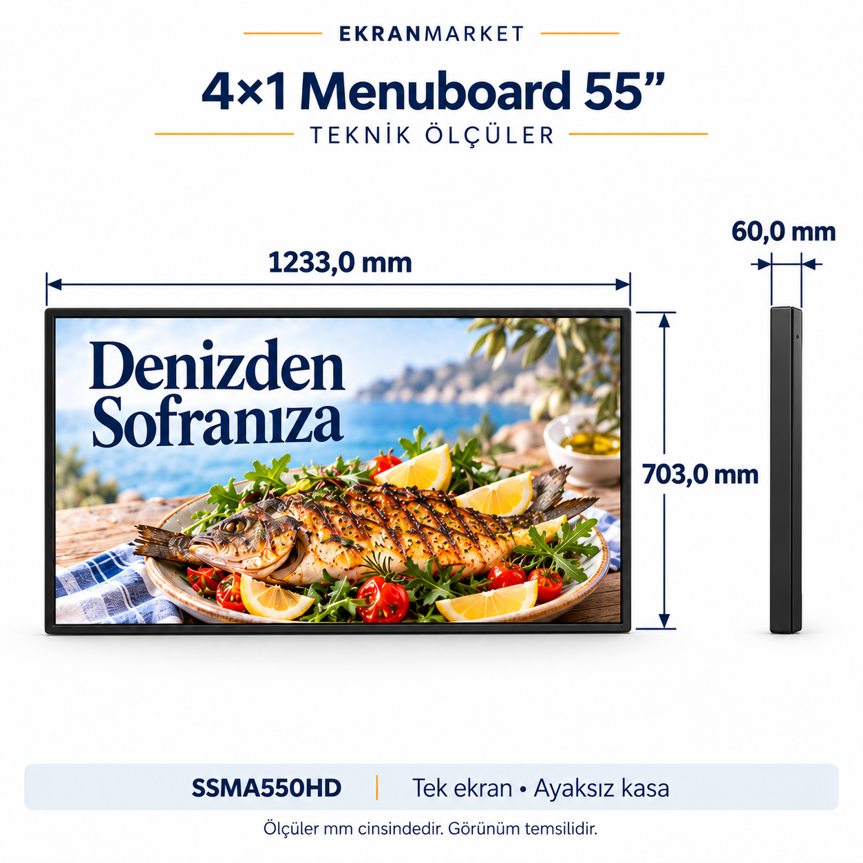 Endüstriyel Digital Signage Display (Menuboard) 4x1 — 55 inç — mm teknik ölçü görseli