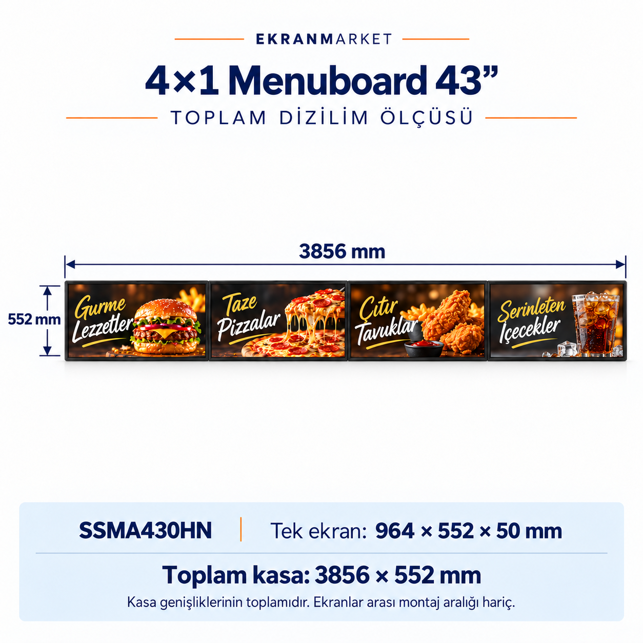 Endüstriyel Digital Signage Display (Menuboard) 4x1 — 43 inç — toplam dizilim ölçüsü, mm; ekranlar arası montaj aralığı hariç