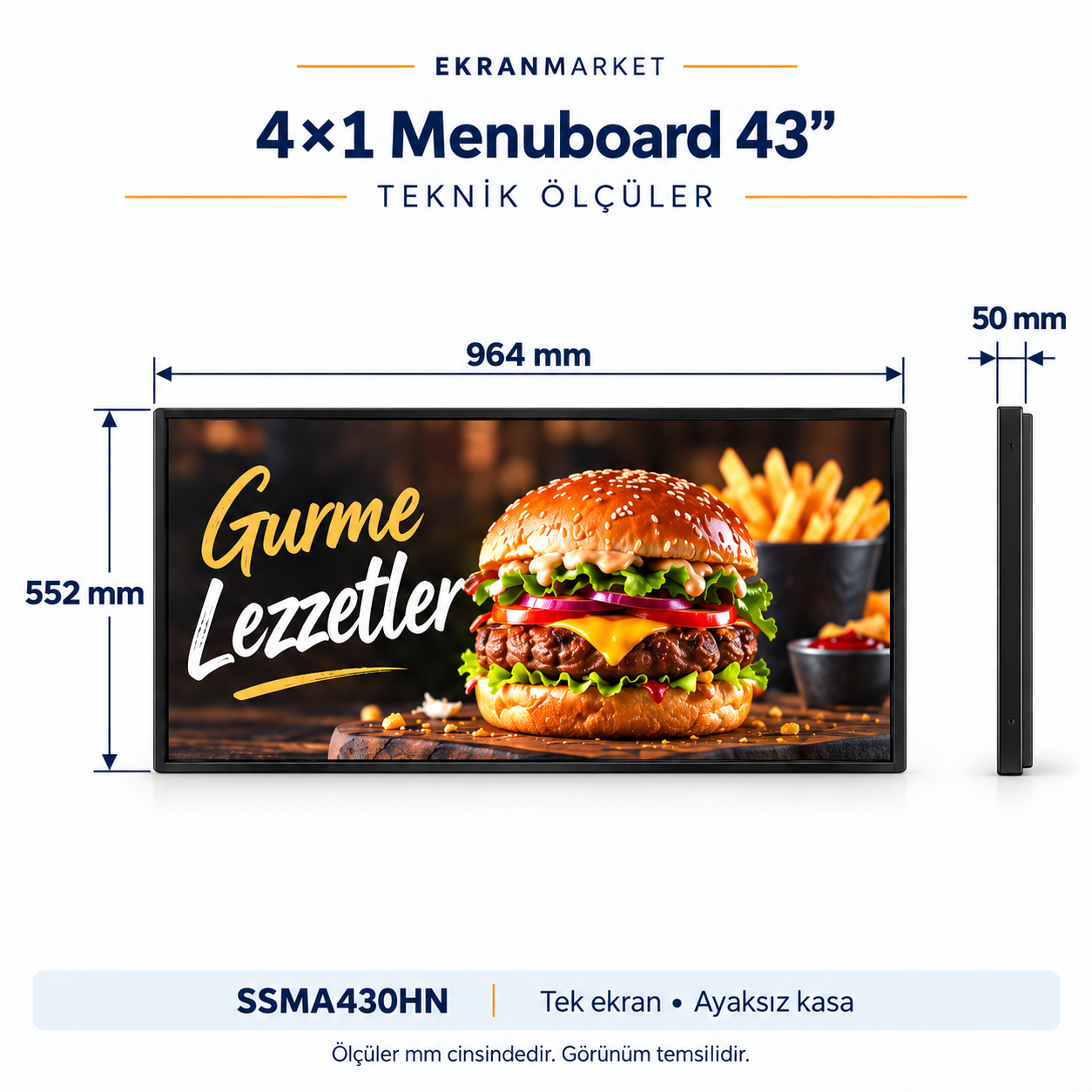 Endüstriyel Digital Signage Display (Menuboard) 4x1 — 43 inç — mm teknik ölçü görseli