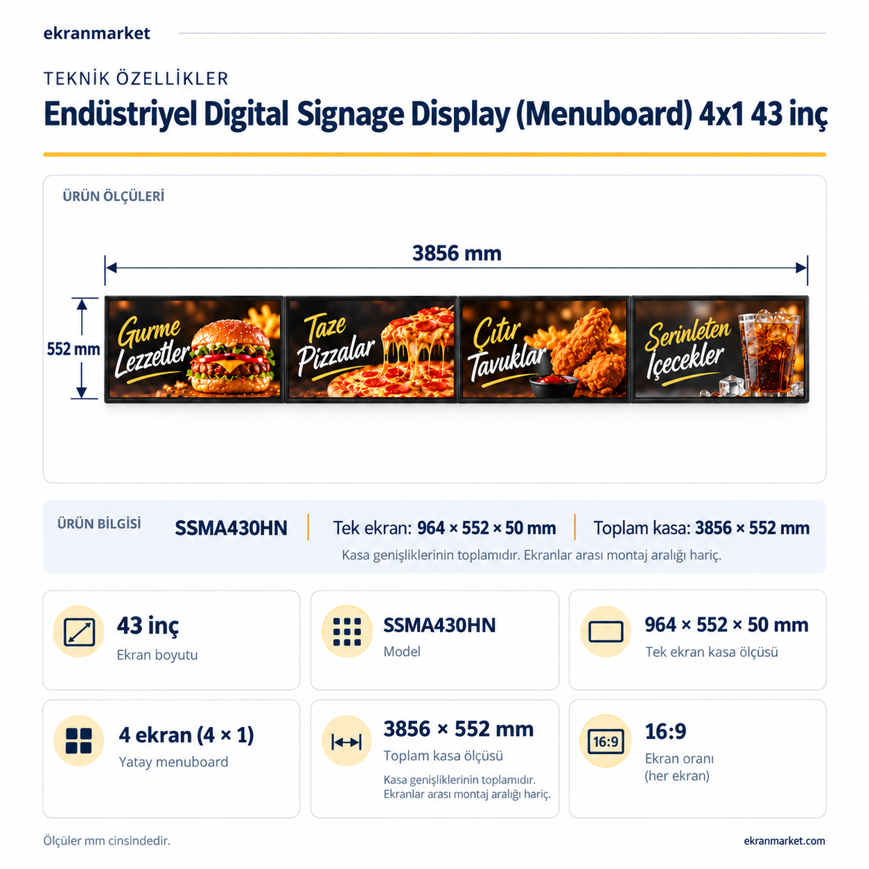 Endüstriyel Digital Signage Display (Menuboard) 4x1 — 43 inç — teknik özellikler ve mm ölçüleri