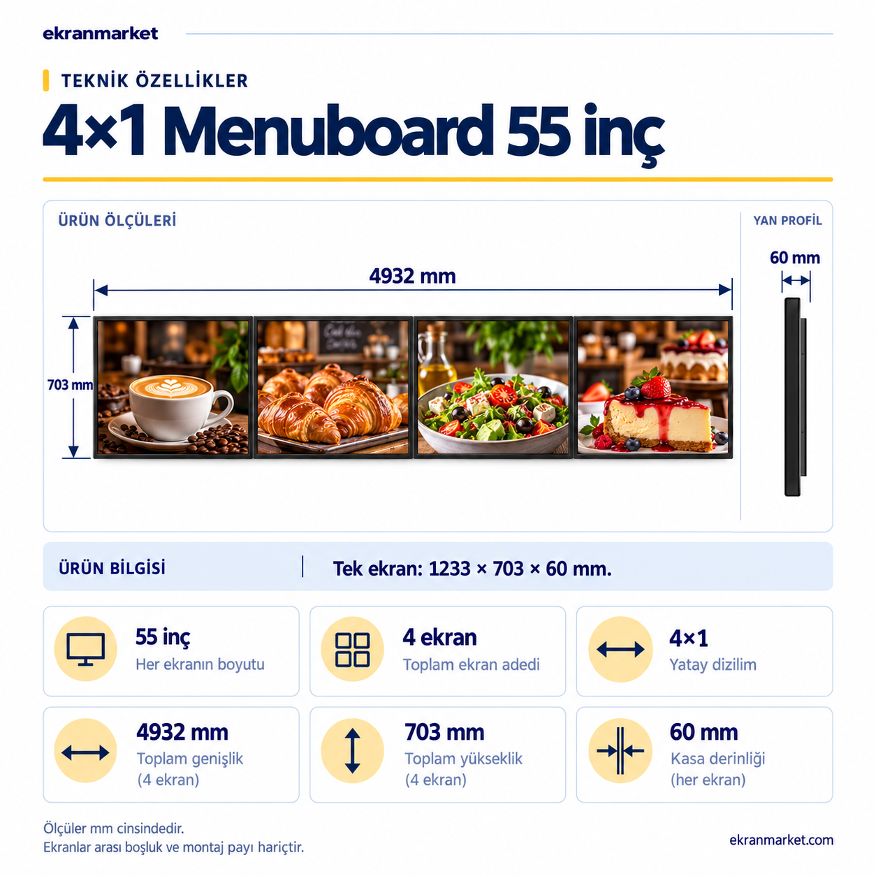 Endüstriyel Digital Signage Display (Menuboard) 4x1
