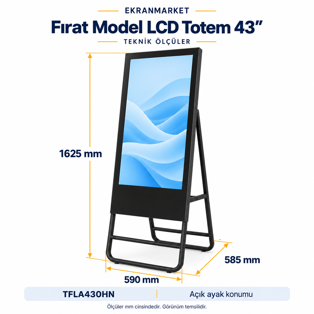 Fırat Model LCD Totem — 43 inç — mm teknik ölçü görseli