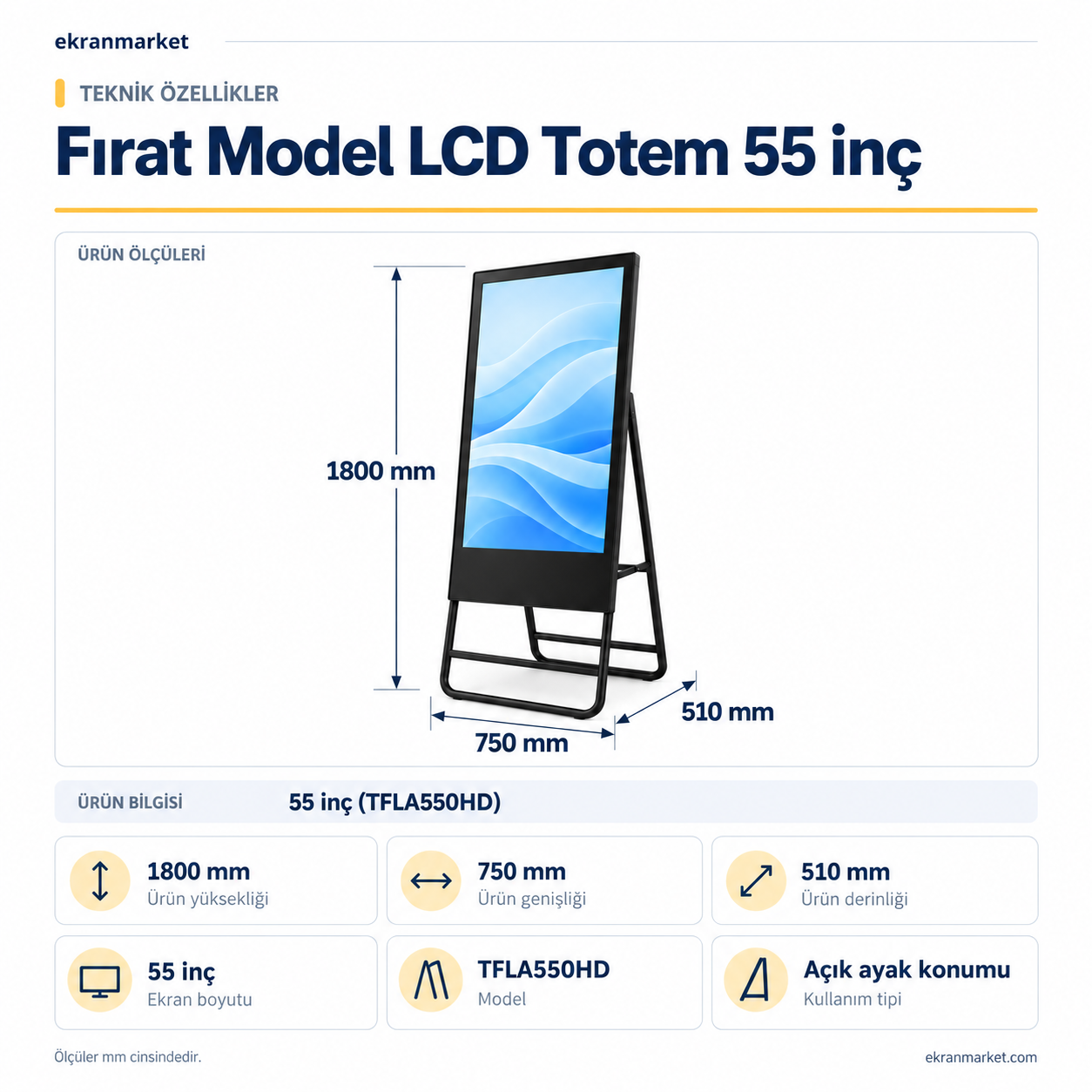 Fırat Model LCD Totem — 55 inç — teknik özellikler ve mm ölçüleri