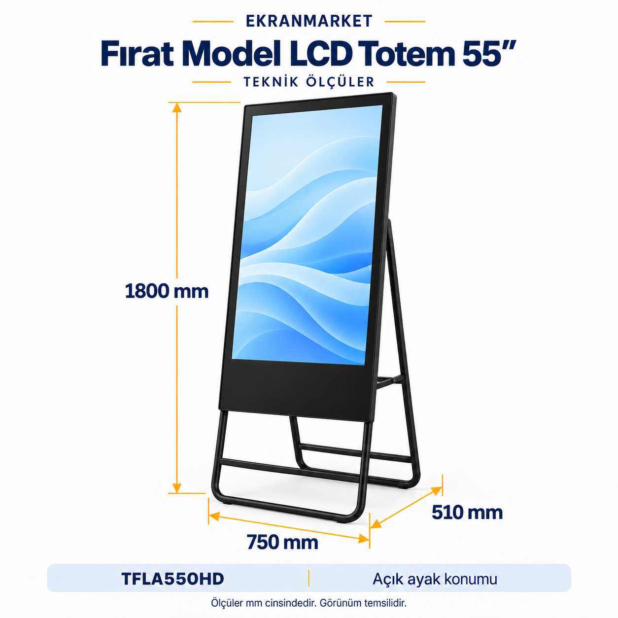 Fırat Model LCD Totem — 55 inç — mm teknik ölçü görseli