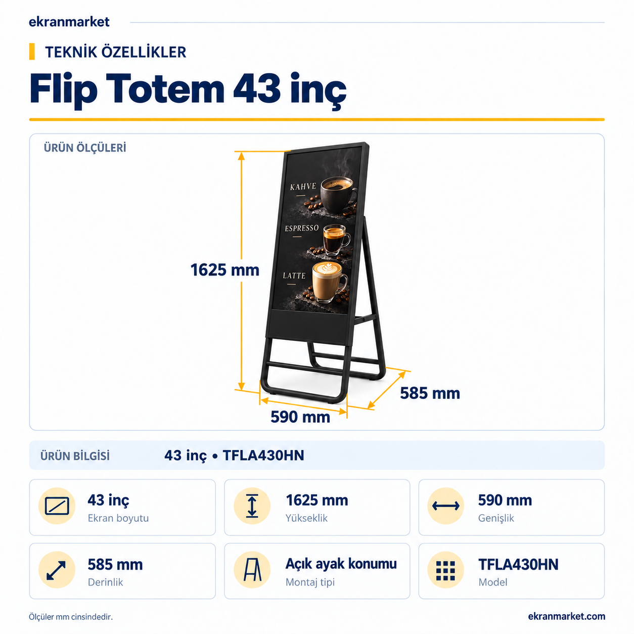 Flip Totem — 43 inç — teknik özellikler ve mm ölçüleri
