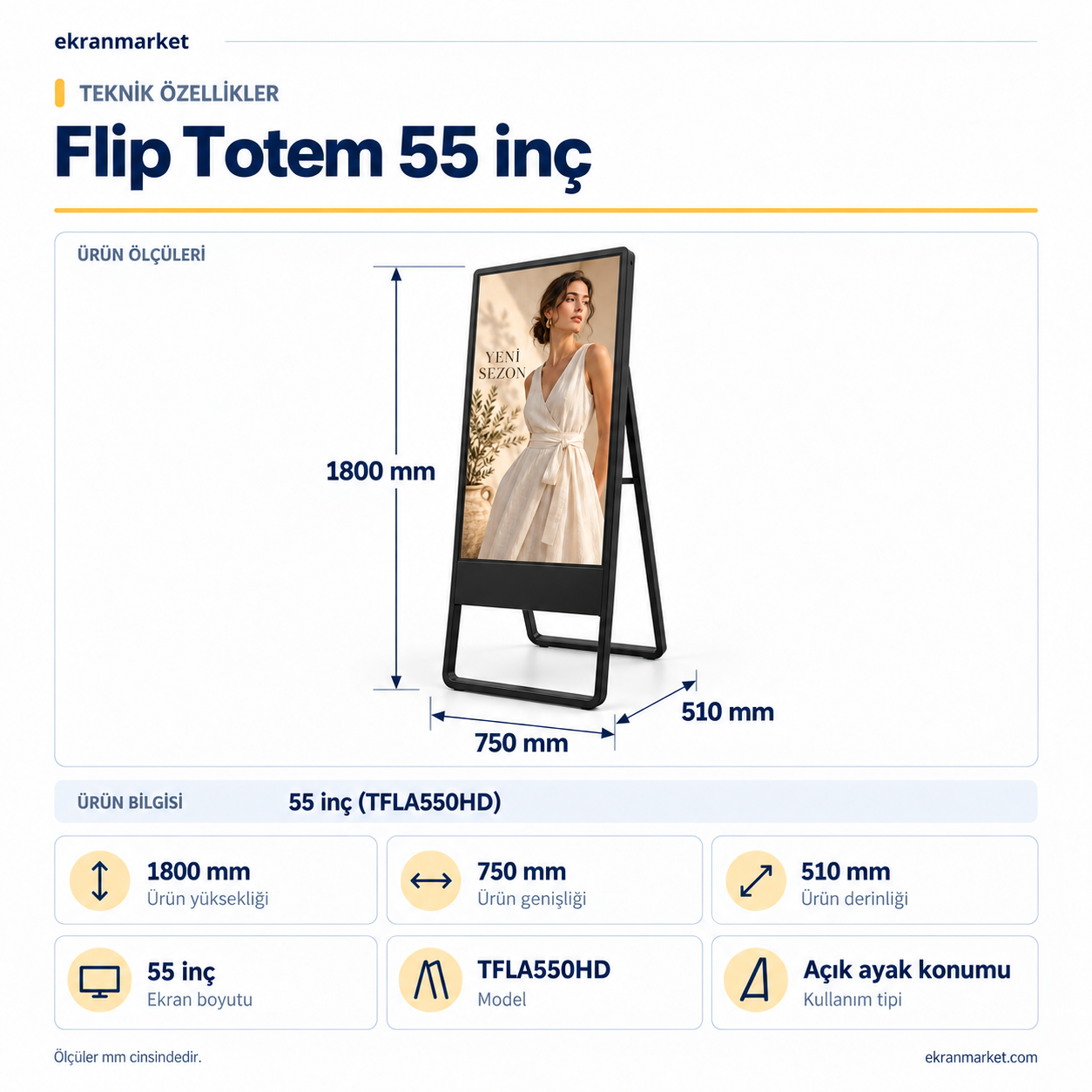 Flip Totem — 55 inç — teknik özellikler ve mm ölçüleri