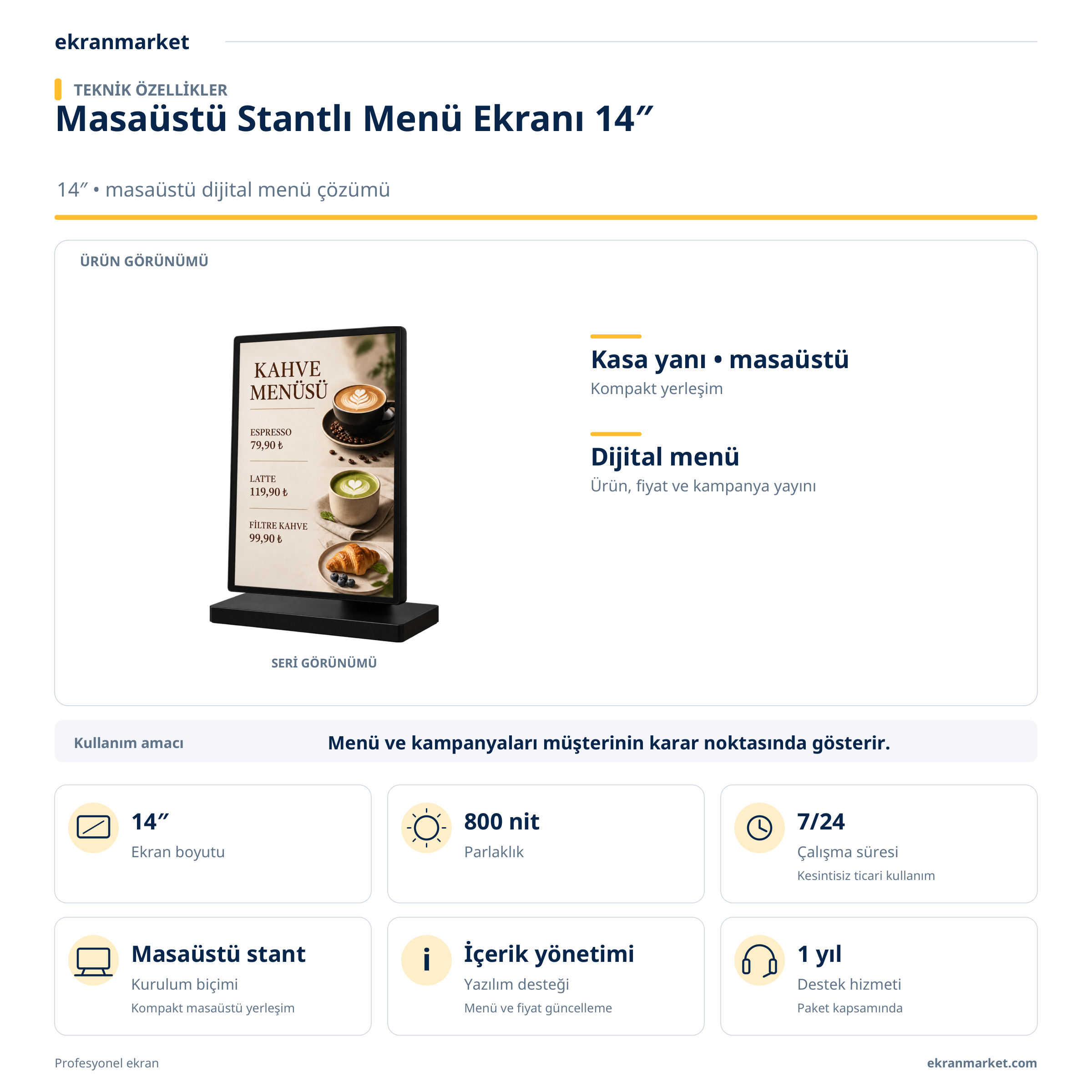 Masaüstü Stantlı Menü Ekranı 14'' — teknik özellikler — 14 inç