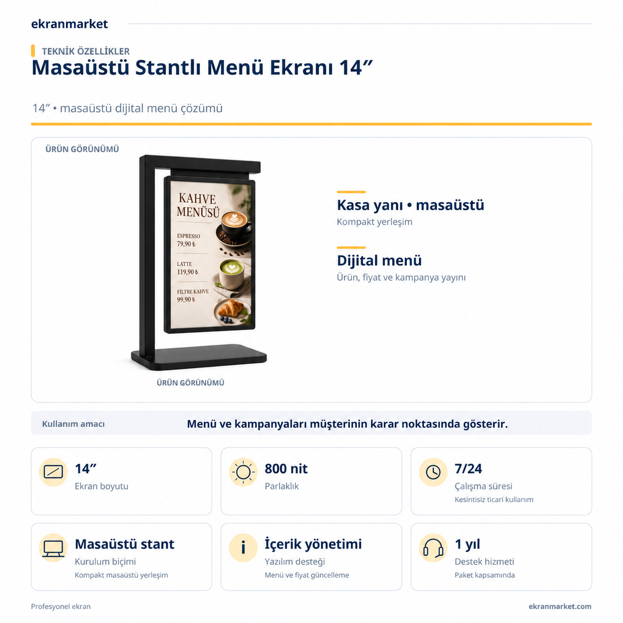 Masaüstü Stantlı Menü Ekranı 14 inç — gerçek C stantlı ürün — teknik özellikler