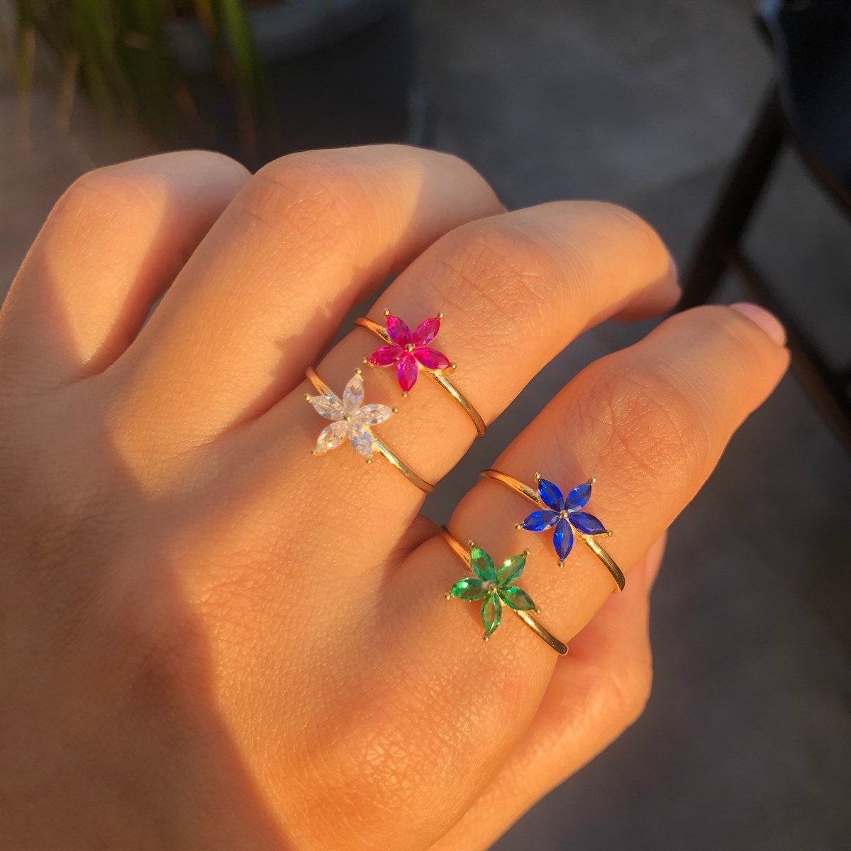 925 Gümüş Çiçek Yüzük - Beyaz & Pembe - Yeşil - Lacivert 