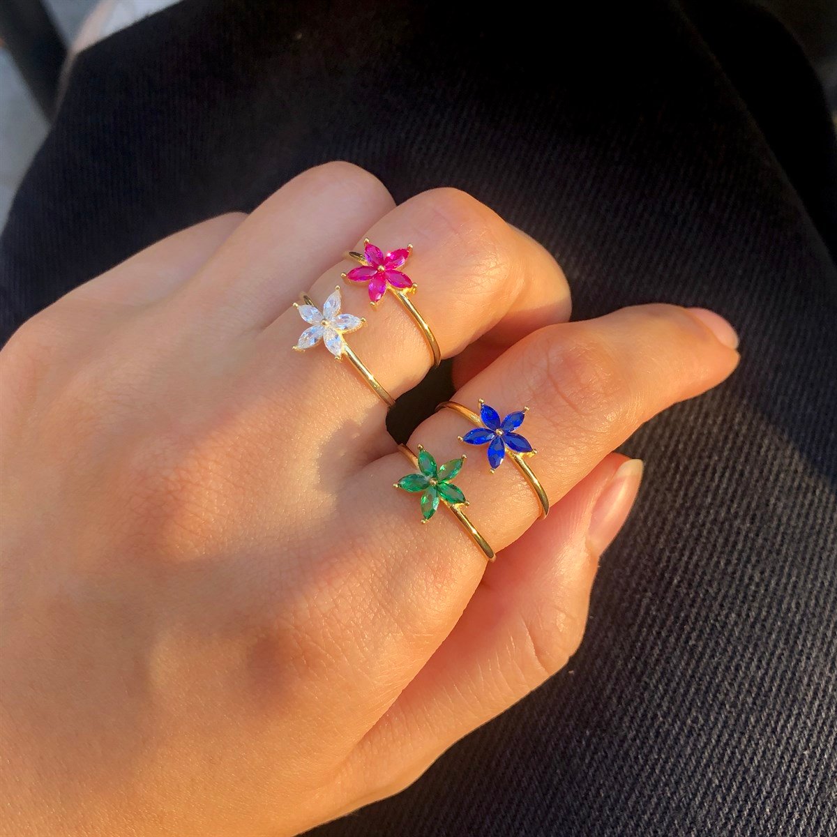 925 Gümüş Çiçek Yüzük - Beyaz & Pembe - Yeşil - Lacivert 