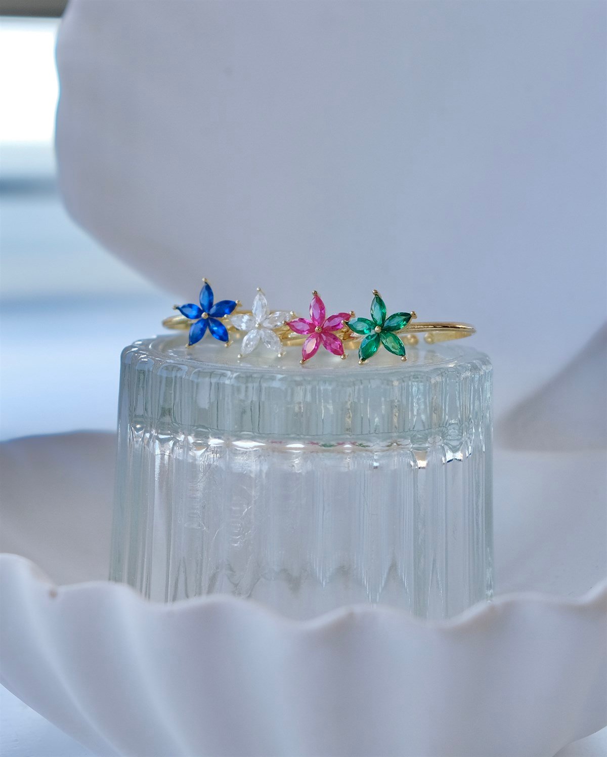 925 Gümüş Çiçek Yüzük - Beyaz & Pembe - Yeşil - Lacivert 