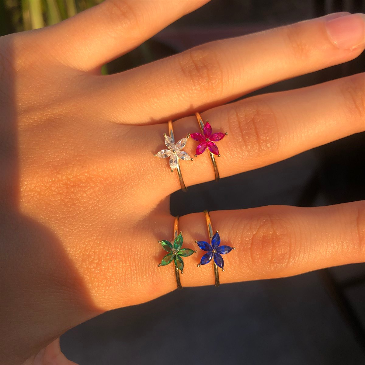 925 Gümüş Çiçek Yüzük - Beyaz & Pembe - Yeşil - Lacivert 