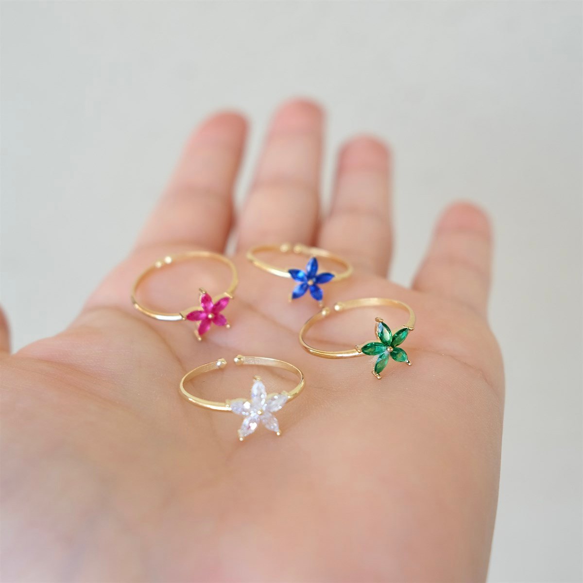 925 Gümüş Çiçek Yüzük - Beyaz & Pembe - Yeşil - Lacivert 