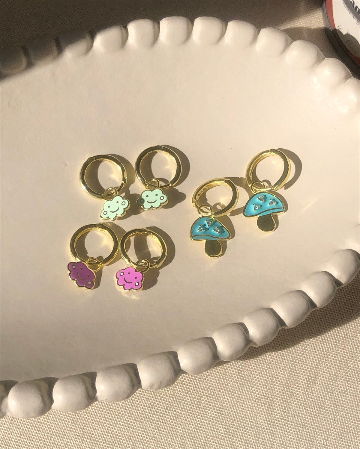 925 Gümüş Küpeler - Pembe Bulut & Mint Yeşili Bulut & Mavi Mantar