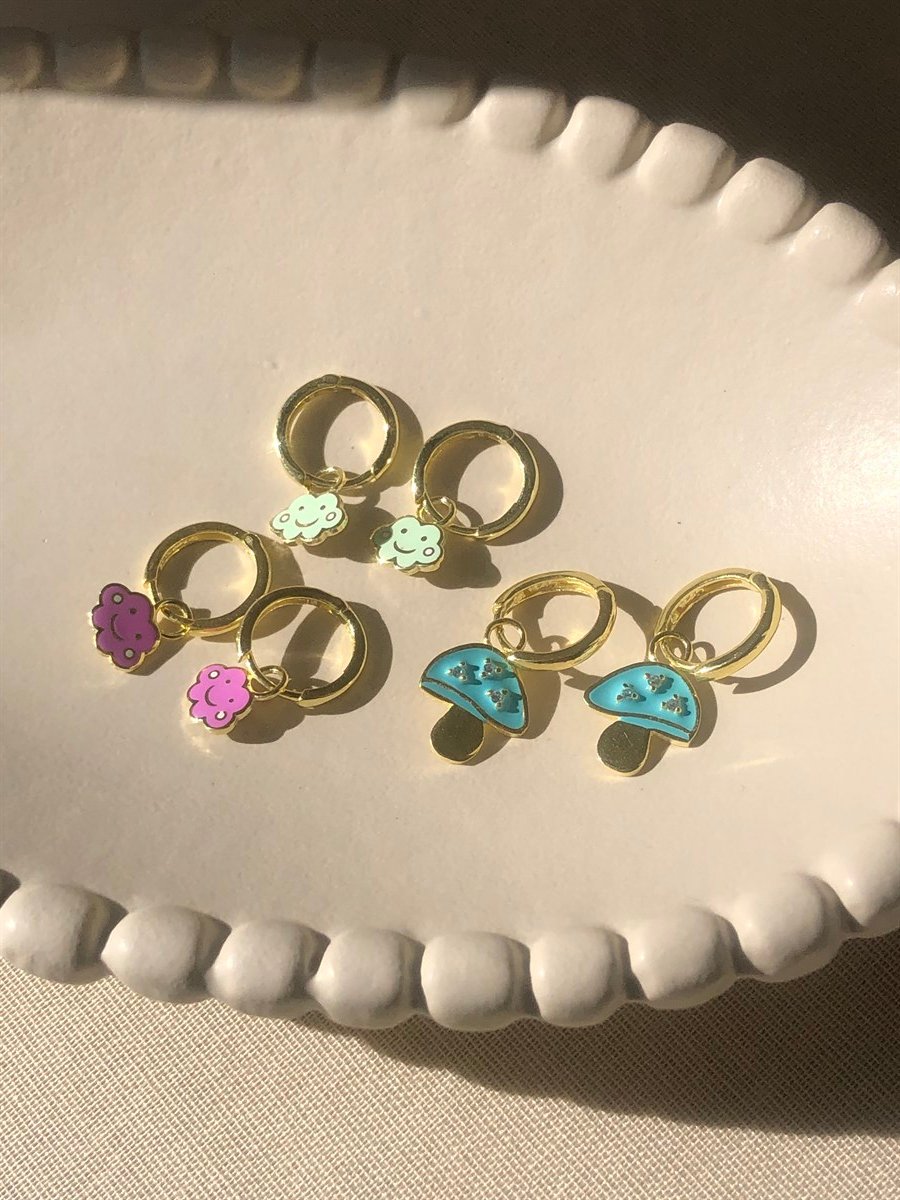 925 Gümüş Küpeler - Pembe Bulut & Mint Yeşili Bulut & Mavi Mantar