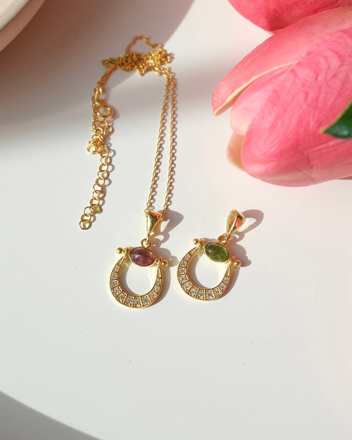 925 Gümüş “ Lucy ” Turmalin Kolye - Yeşil / Pembe