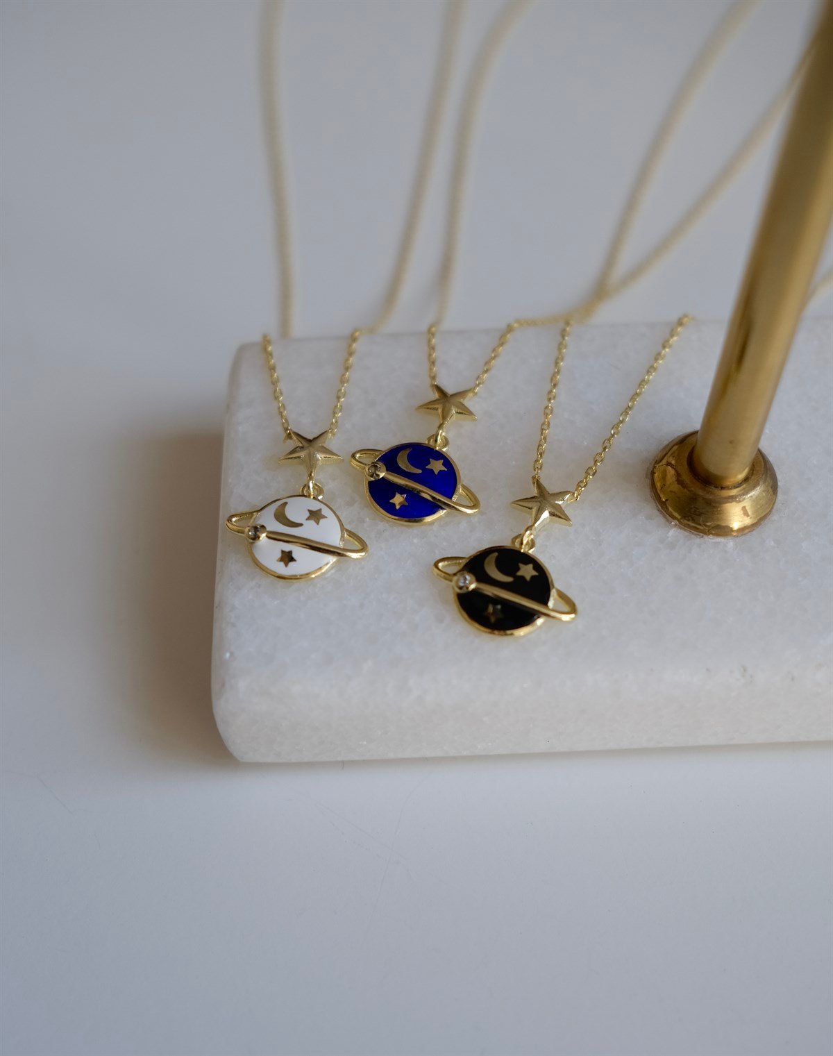 925 Gümüş Mineli Satürn Kolye - Mavi & Beyaz & Siyah