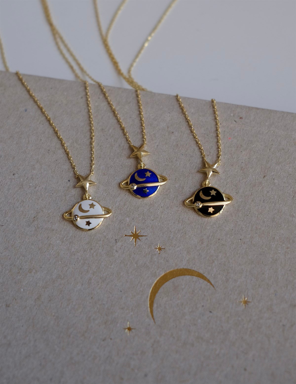 925 Gümüş Mineli Satürn Kolye - Mavi & Beyaz & Siyah