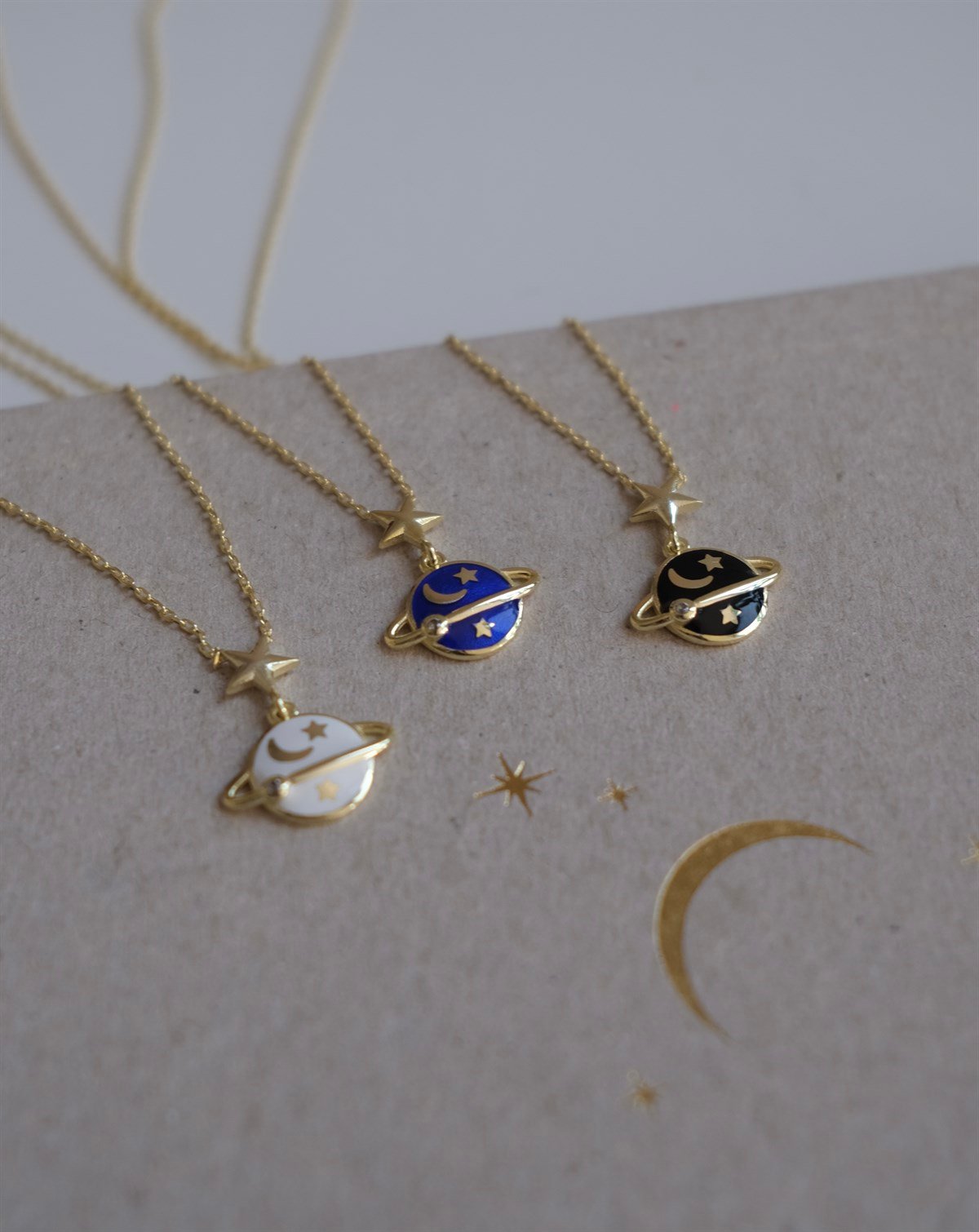 925 Gümüş Mineli Satürn Kolye - Mavi & Beyaz & Siyah