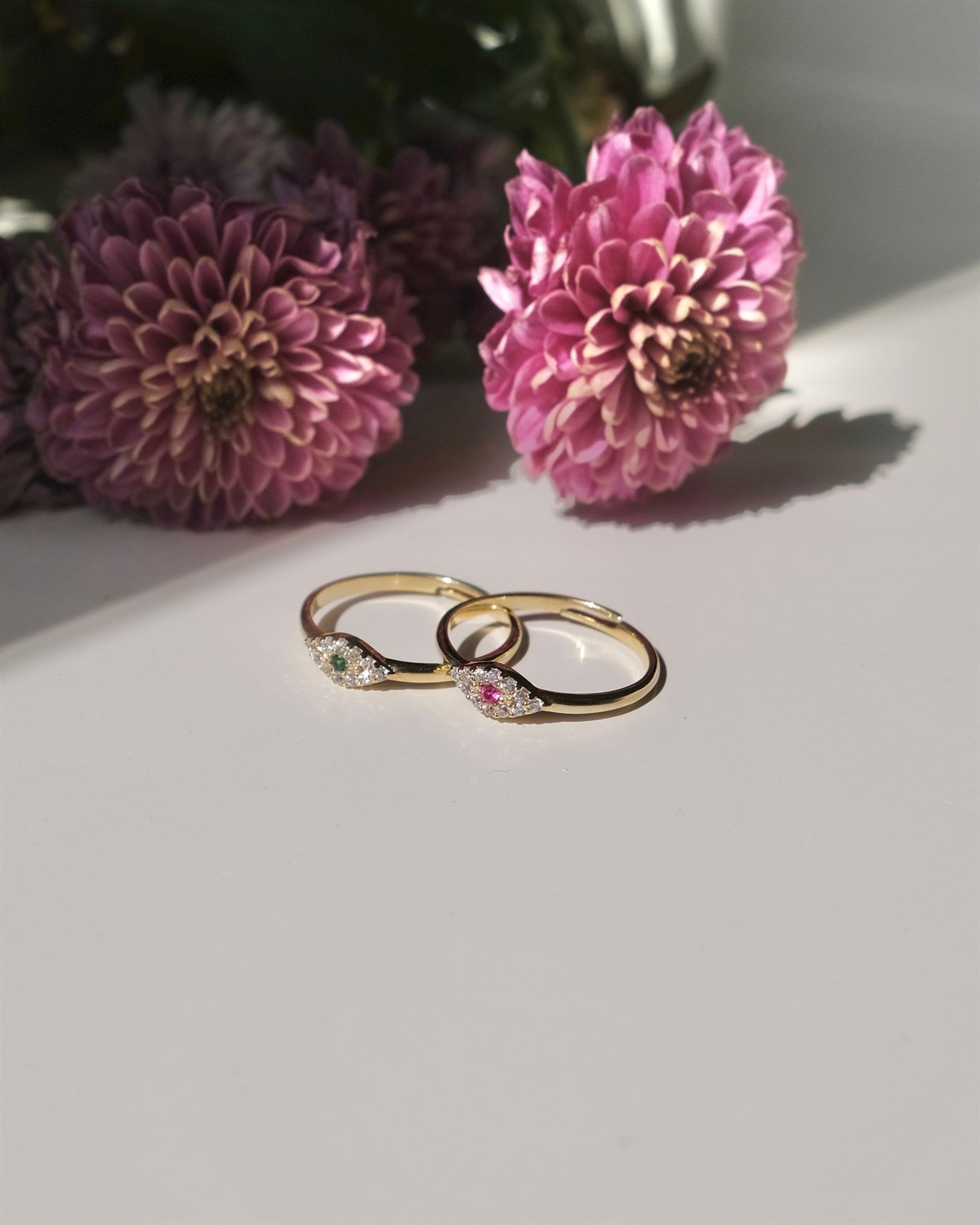 925 Gümüş Minimal Evil Eye Yüzük - Yeşil & Pembe