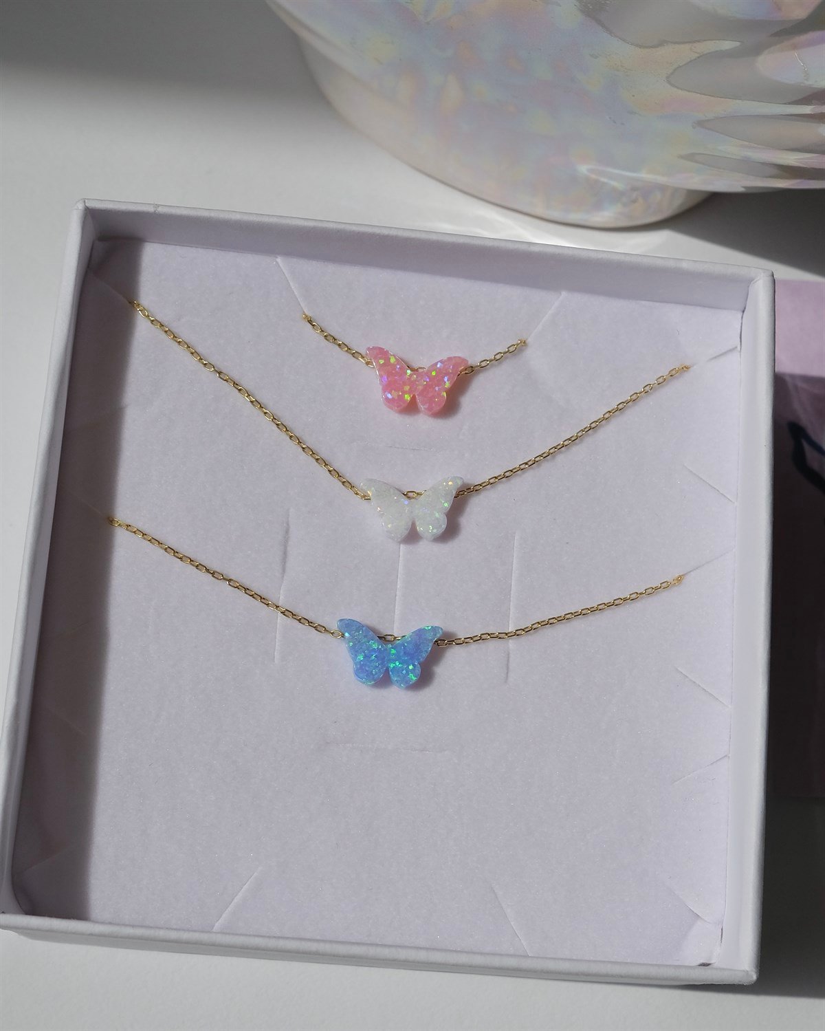 925 Gümüş Opal Taşlı Kelebek Kolye - ( Beyaz & Mavi & Pembe Opal )