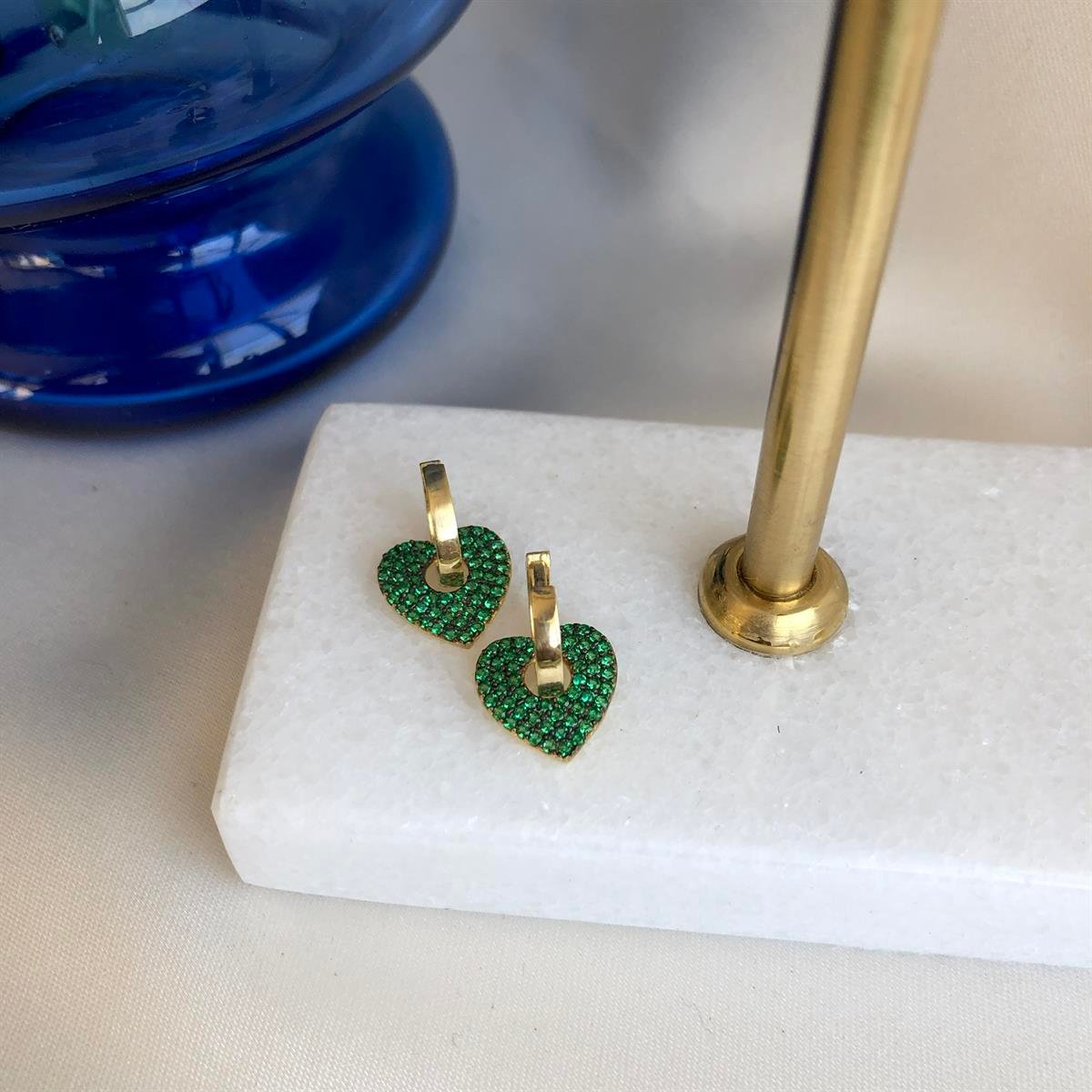 925 Gümüş Yeşil Taşlı Kalp Küpe