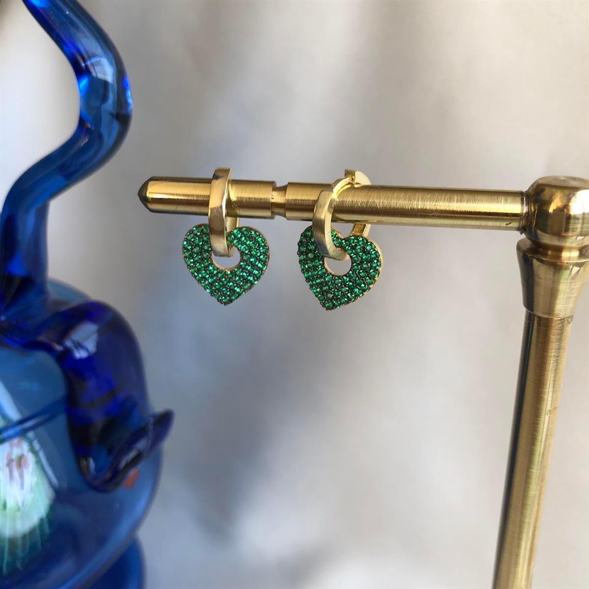 925 Gümüş Yeşil Taşlı Kalp Küpe