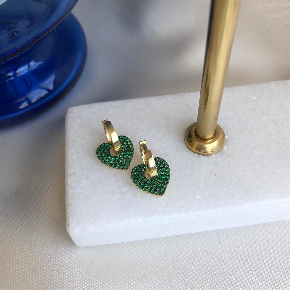 925 Gümüş Yeşil Taşlı Kalp Küpe