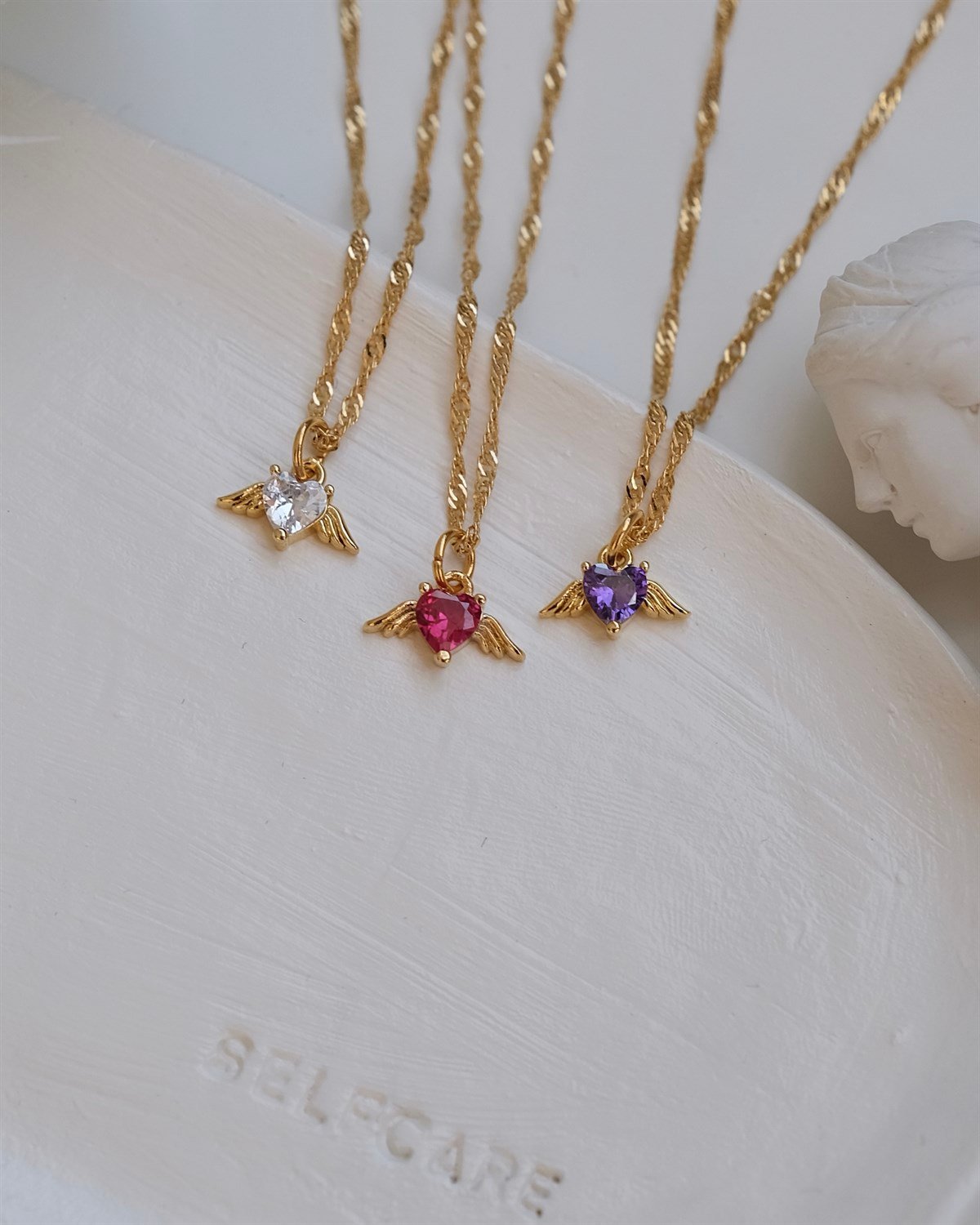 Kanatlı Kalp Kolye - Pembe & Beyaz & Mor