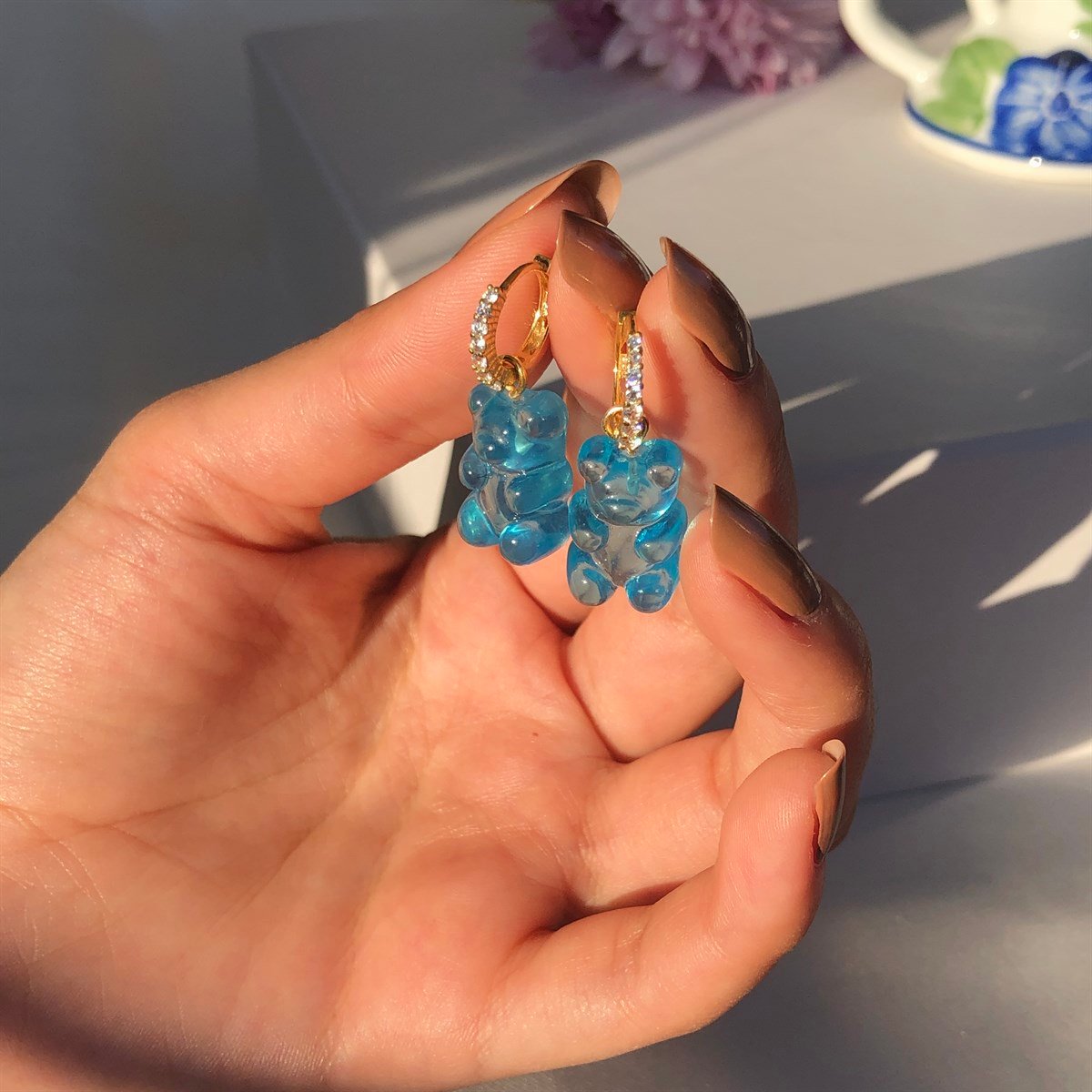 Mavi - 925 Gümüş Gummy Bear / Ayıcık Jelibon Küpe