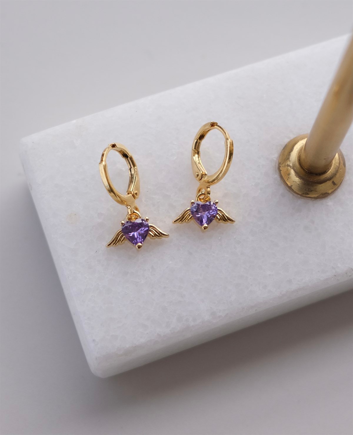 Mor - Kanatlı Kalp Küpe