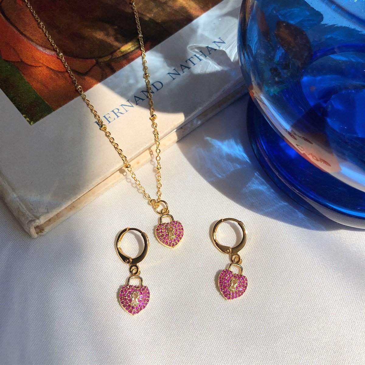 Mor Taşlı Kilit Kolye & Küpe SET