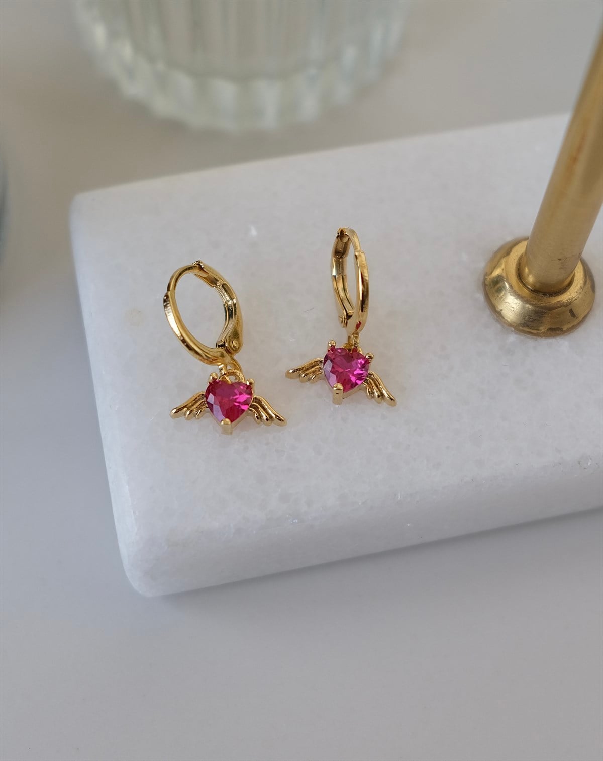 Pembe - Kanatlı Kalp Küpe