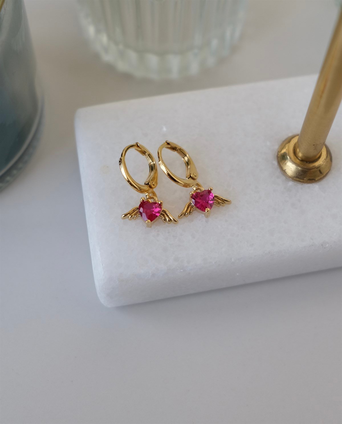 Pembe - Kanatlı Kalp Küpe