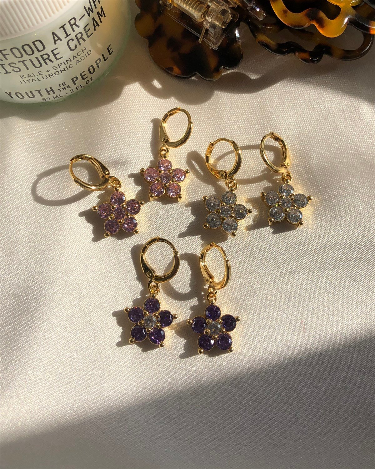 Taşlı Daisy Küpe - Pembe & Beyaz & Mor