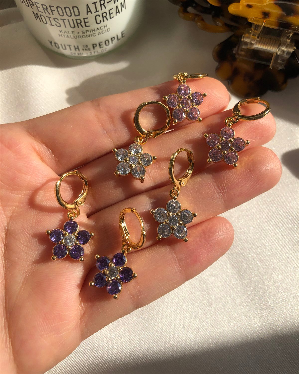 Taşlı Daisy Küpe - Pembe & Beyaz & Mor