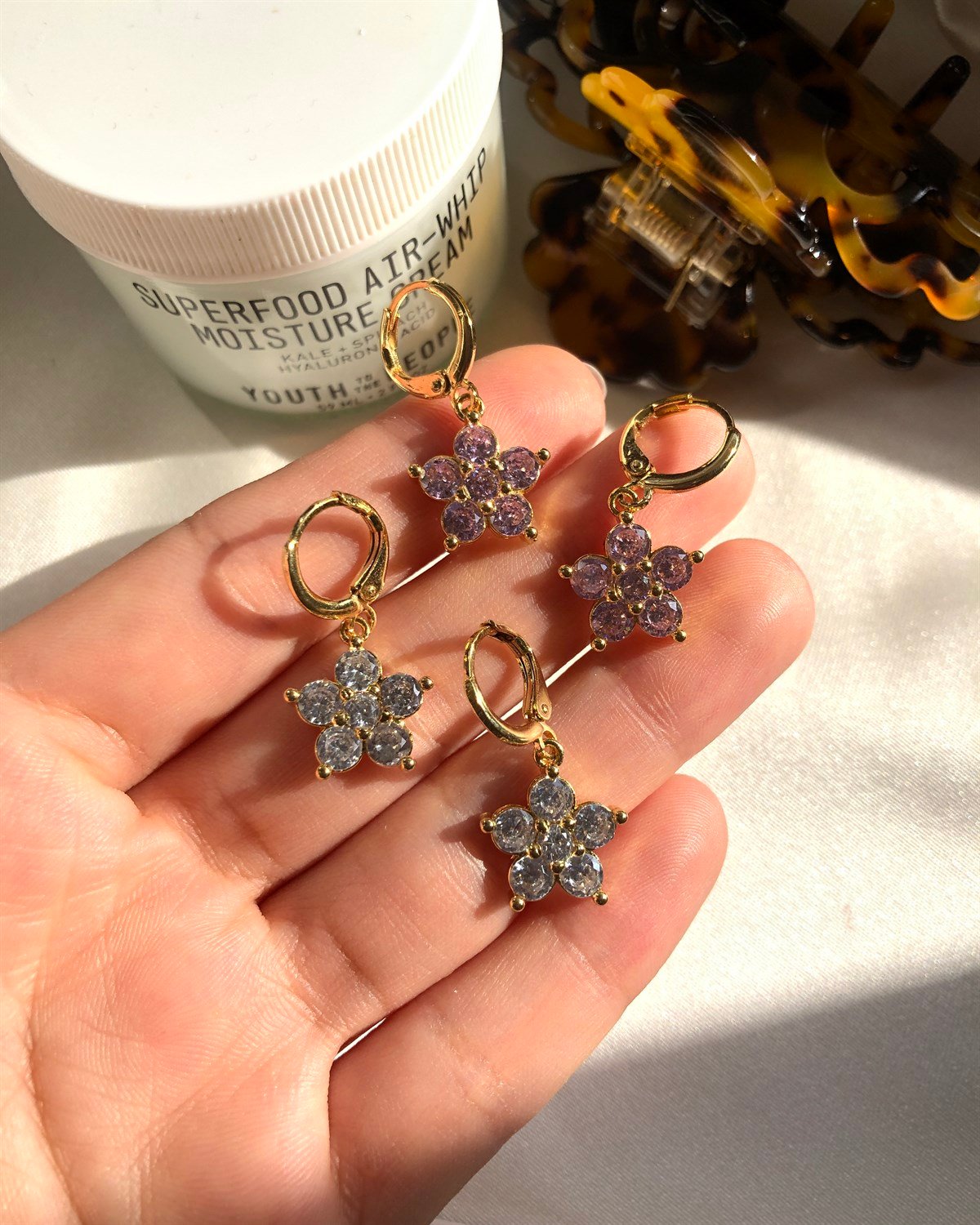 Taşlı Daisy Küpe - Pembe & Beyaz & Mor