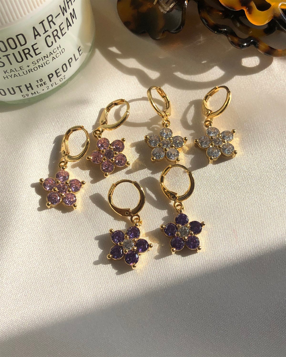 Taşlı Daisy Küpe - Pembe & Beyaz & Mor