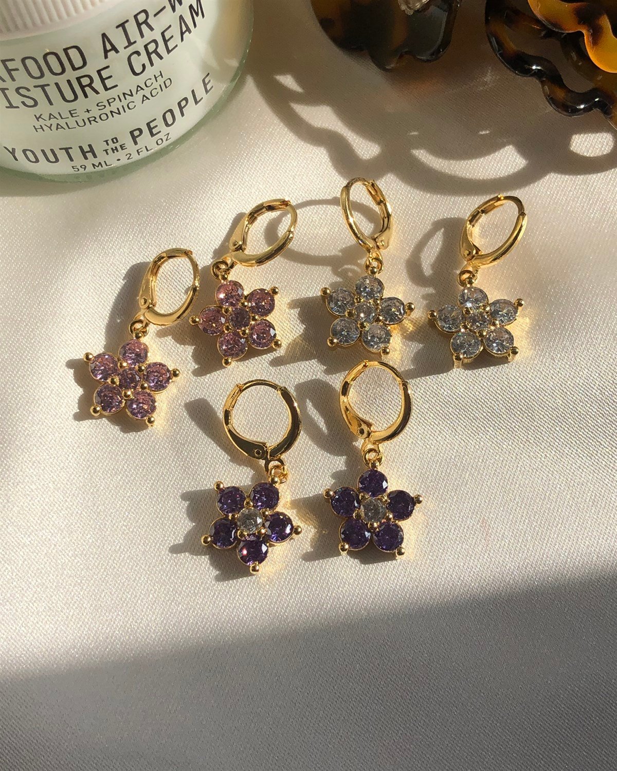 Taşlı Daisy Küpe - Pembe & Beyaz & Mor