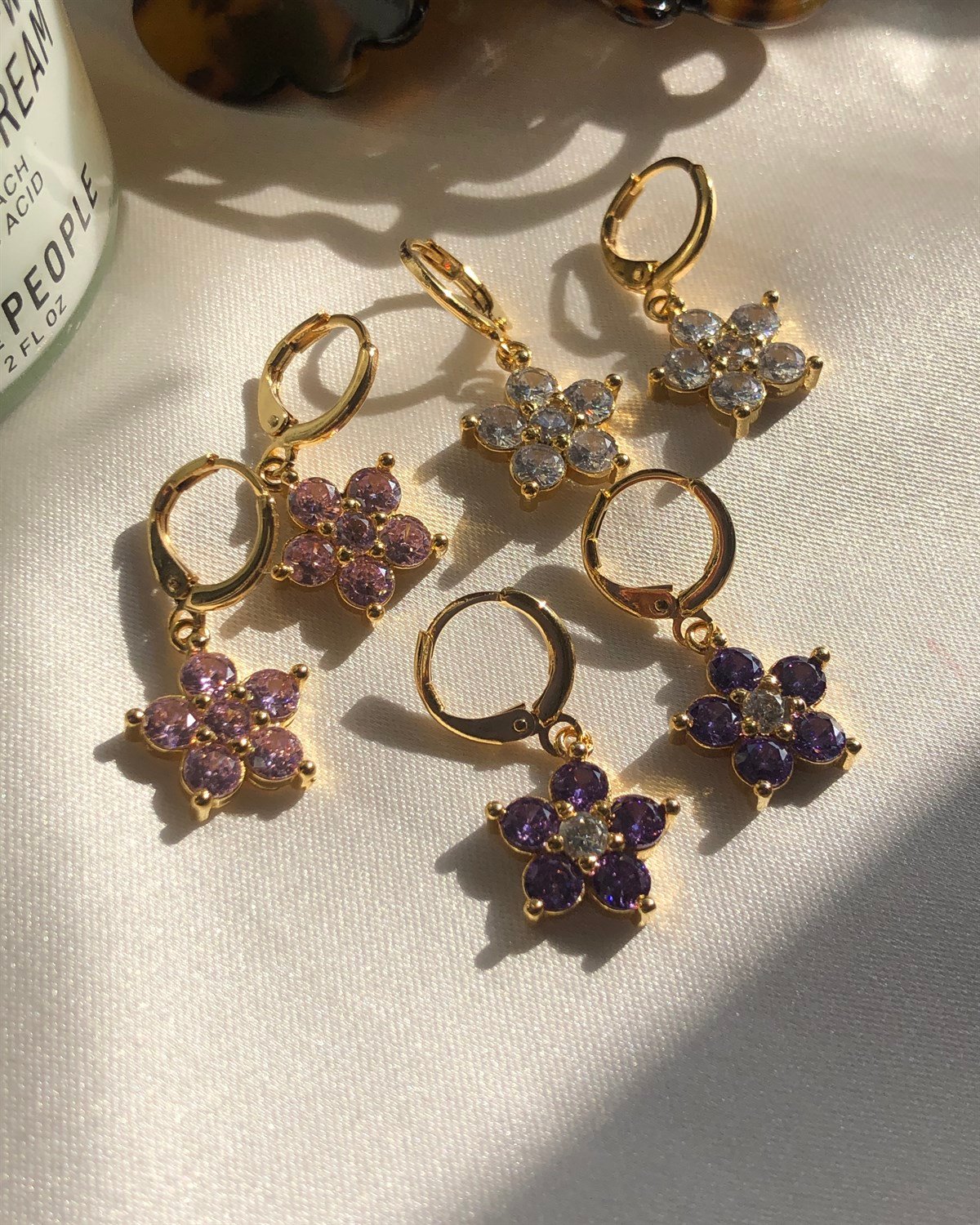 Taşlı Daisy Küpe - Pembe & Beyaz & Mor