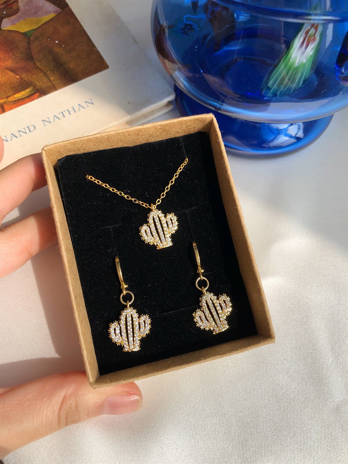 Taşlı Kaktüs Kolye & Küpe Seti